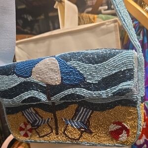 Beaded Beach Scene Women's BagBeaded Beach Seaside Ocean Sand Motif Handbag Mult